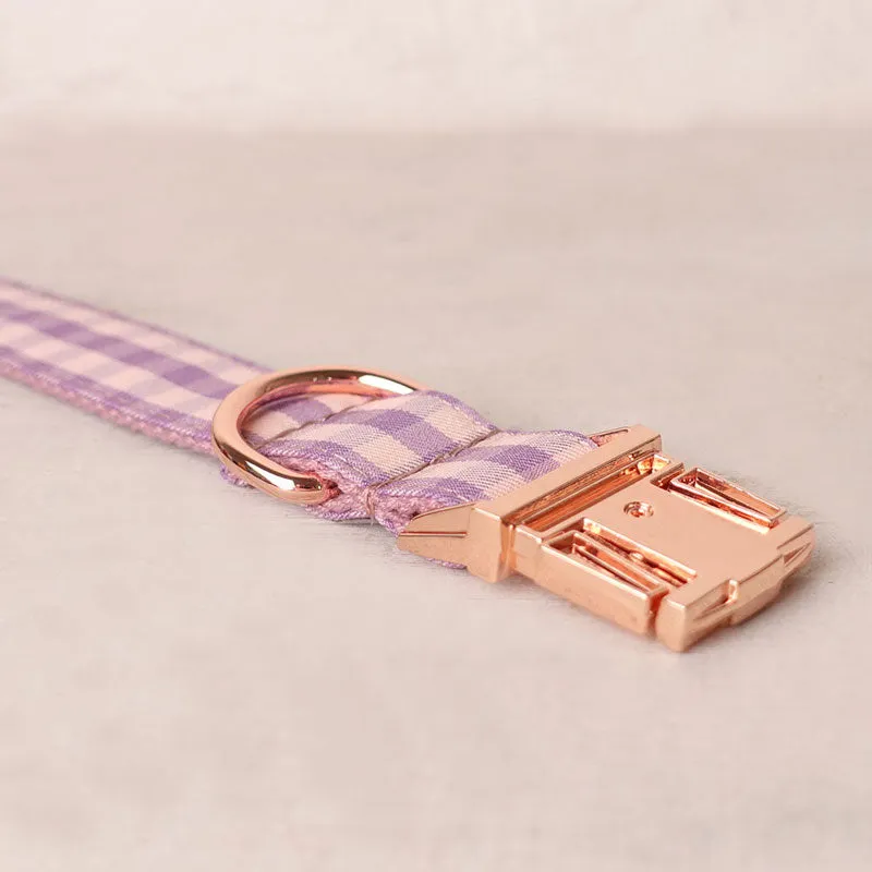 Personalized Dog Collar Set Engraved Rose Gold Buckle Pink Plaid
