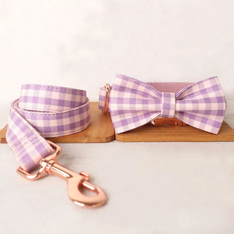 Personalized Dog Collar Set Engraved Rose Gold Buckle Pink Plaid