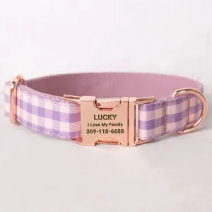Personalized Dog Collar Set Engraved Rose Gold Buckle Pink Plaid