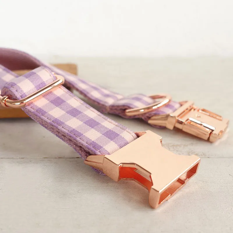 Personalized Dog Collar Set Engraved Rose Gold Buckle Pink Plaid