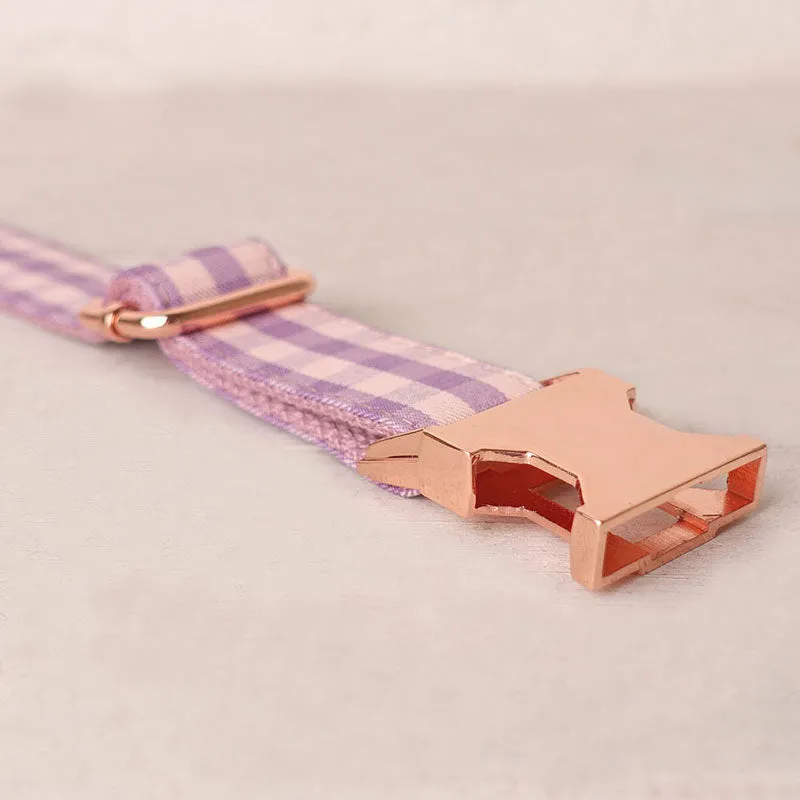 Personalized Dog Collar Set Engraved Rose Gold Buckle Pink Plaid