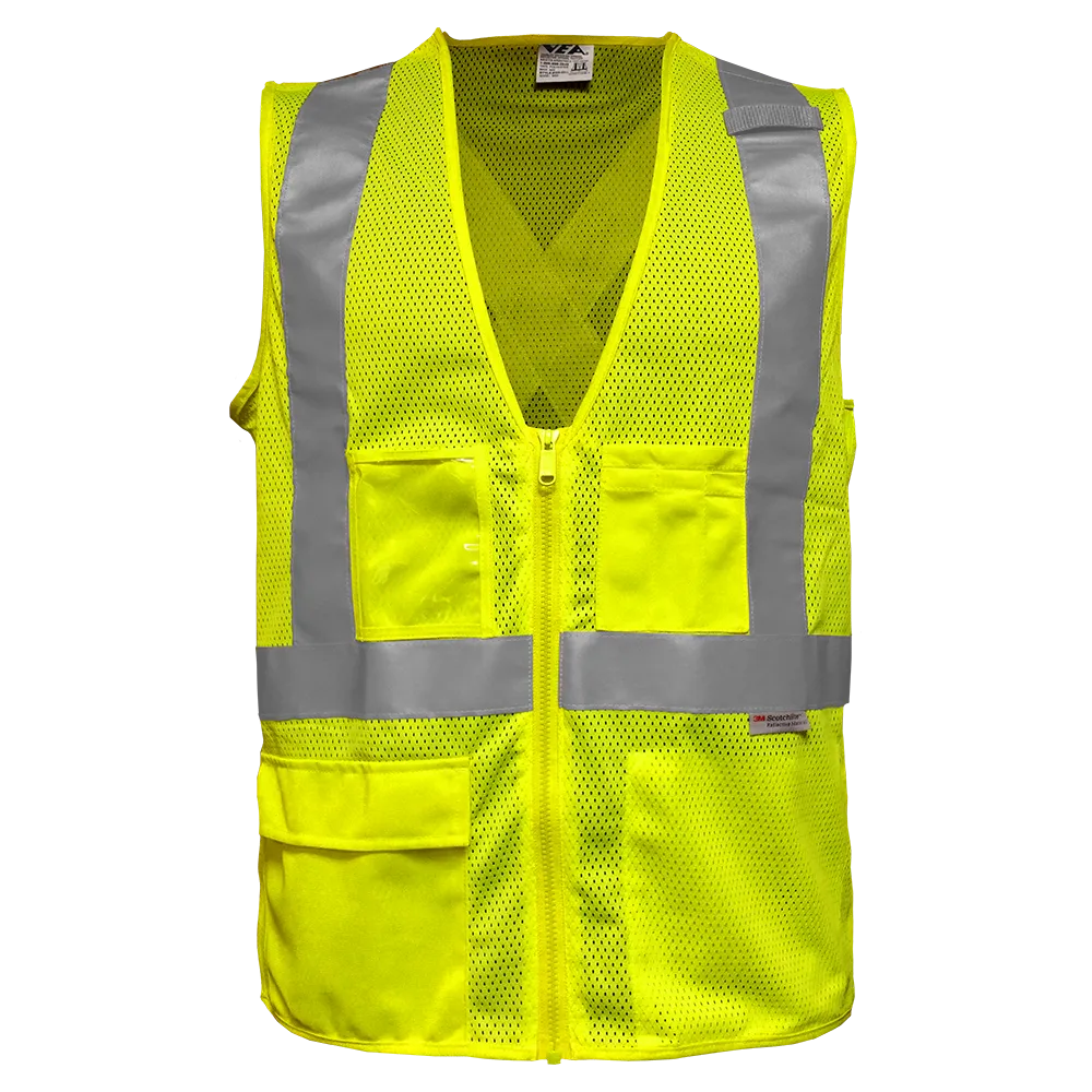 Safety Vest Clear ID Pocket 5pt Breakaway X-Back Lime Zip Mesh