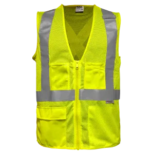 Safety Vest Clear ID Pocket 5pt Breakaway X-Back Lime Zip Mesh