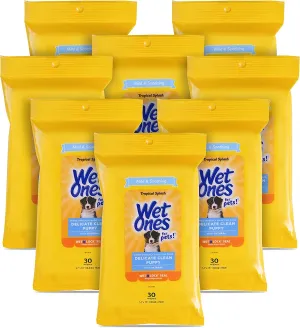 These Wet Ones wipes are great for puppies! They’re mild and soothing with oatmeal, have a nice Tropical Splash scent, and come in a 30-count pouch with a Wet Lock seal to keep them fresh. Perfect for quick clean-ups!