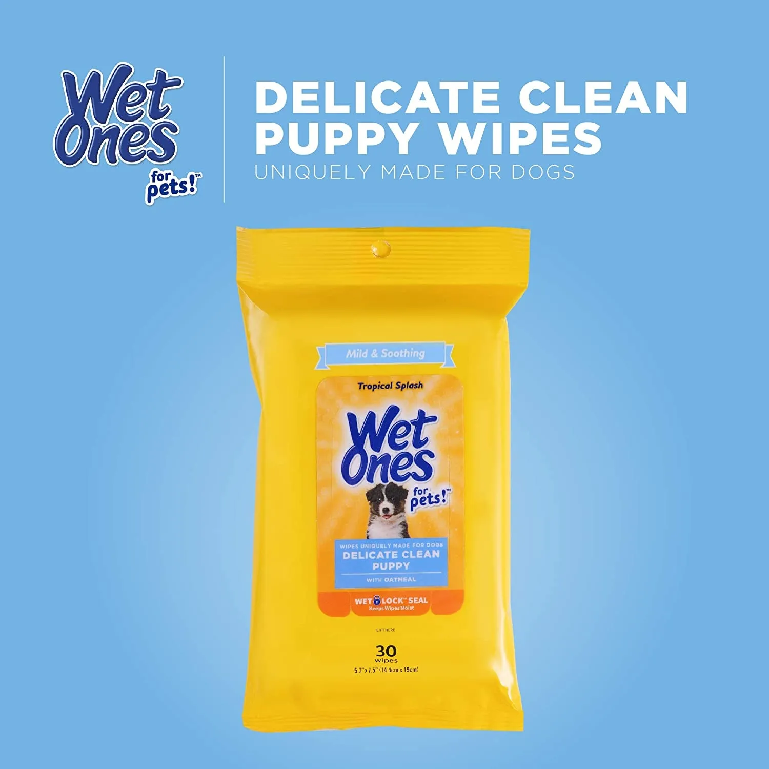 These Wet Ones wipes are great for puppies! They’re mild and soothing with oatmeal, have a nice Tropical Splash scent, and come in a 30-count pouch with a Wet Lock seal to keep them fresh. Perfect for quick clean-ups!