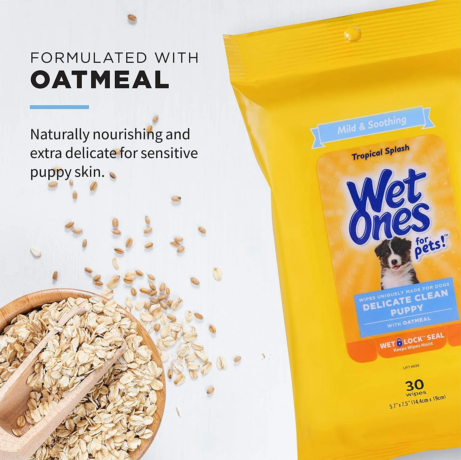 These Wet Ones wipes are great for puppies! They’re mild and soothing with oatmeal, have a nice Tropical Splash scent, and come in a 30-count pouch with a Wet Lock seal to keep them fresh. Perfect for quick clean-ups!